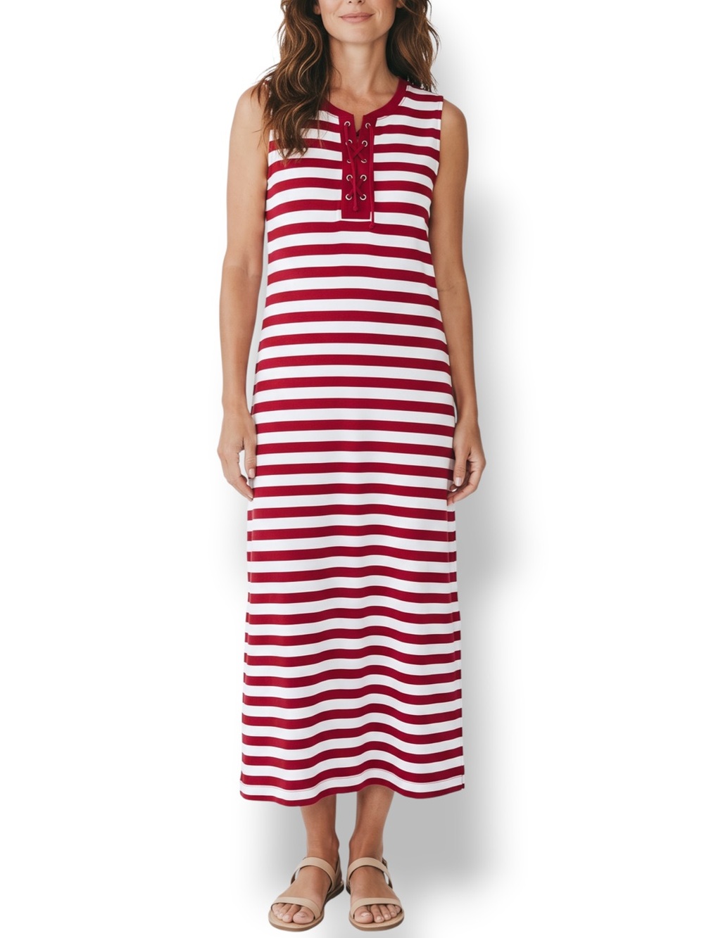 4/$20 Chaps Red White Striped Lace Up Sleeveless Maxi Dress Large